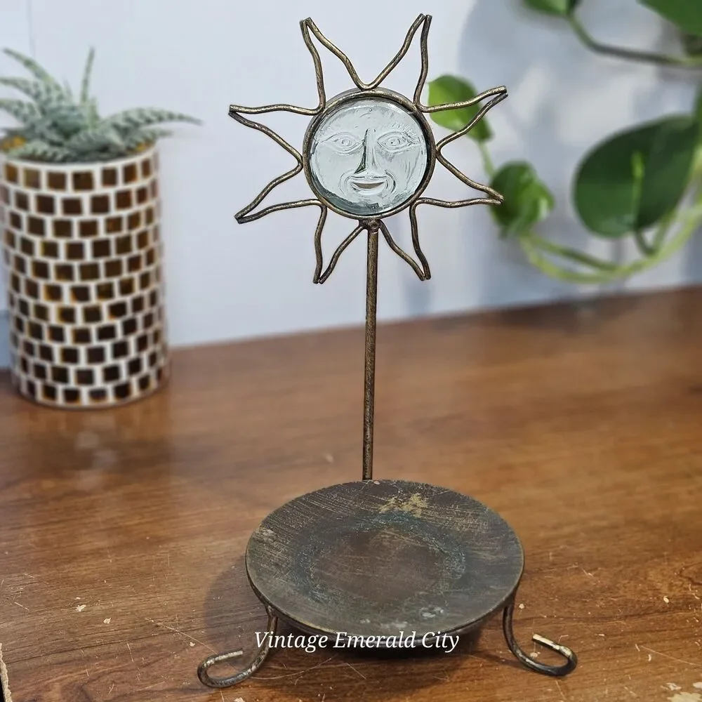 Vtg Sunburst Gold Metal Candle Holder Glass Sun Face 3d Mystical  Celestial Boho